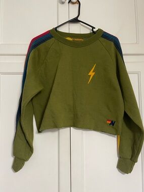 Aviator Nation Olive Lightning Bolt Cropped Sweatshirt - Women's Sweater